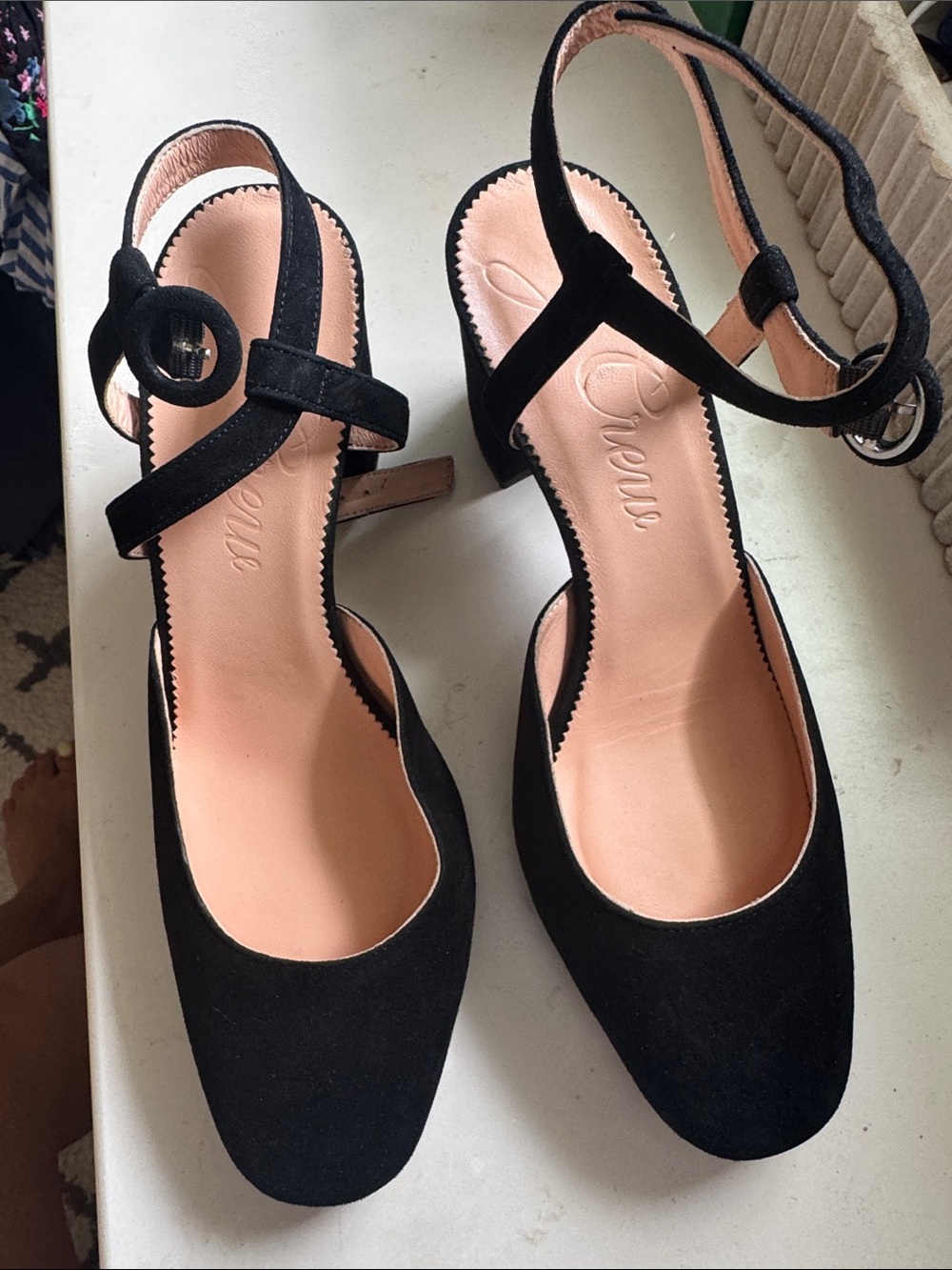 J. Crew Black Suede Ankle-Strap Pumps with Pink Insole